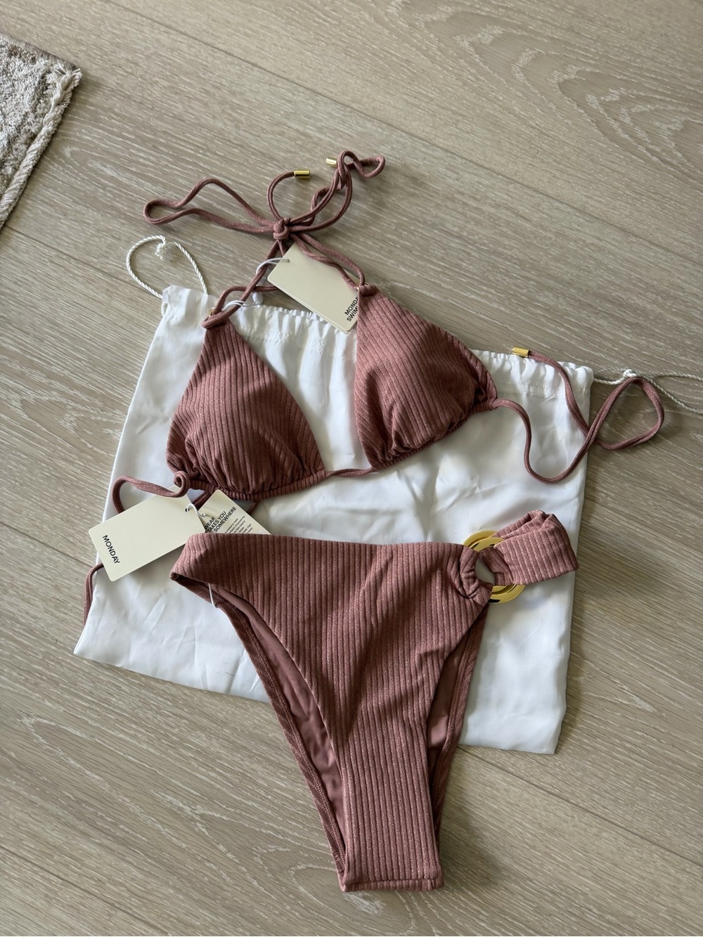 NWT Monday Swimwear Hanalei Top AND Bronte Bottom - Mauve Lurex Rib - size L, V
